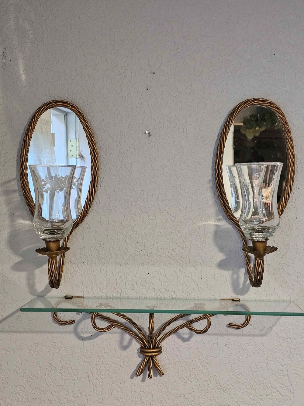 Gold Twisted Metal Wall Sconce Mirrors with Glass Candle Holders and Shelf
